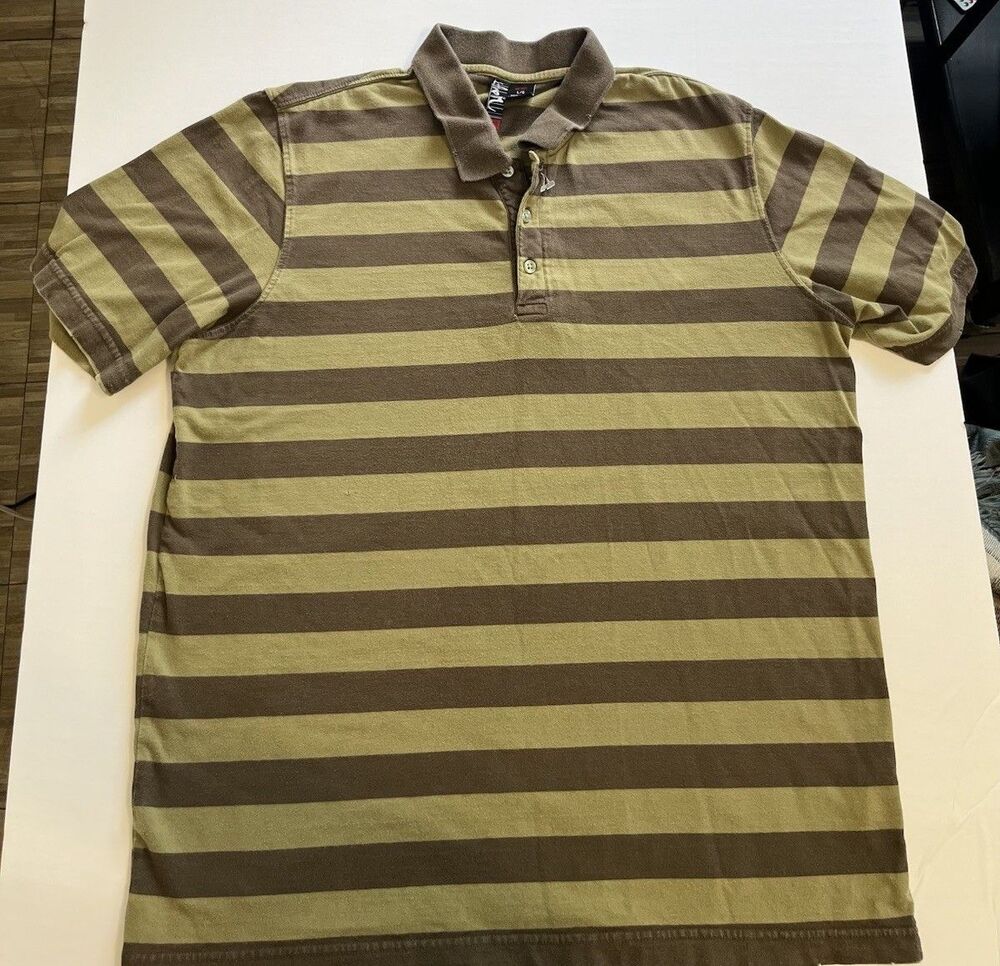 Quiksilver Polo Brown Olive L Striped Short Sleeve Collared Y2K 02’-09’ VNTG